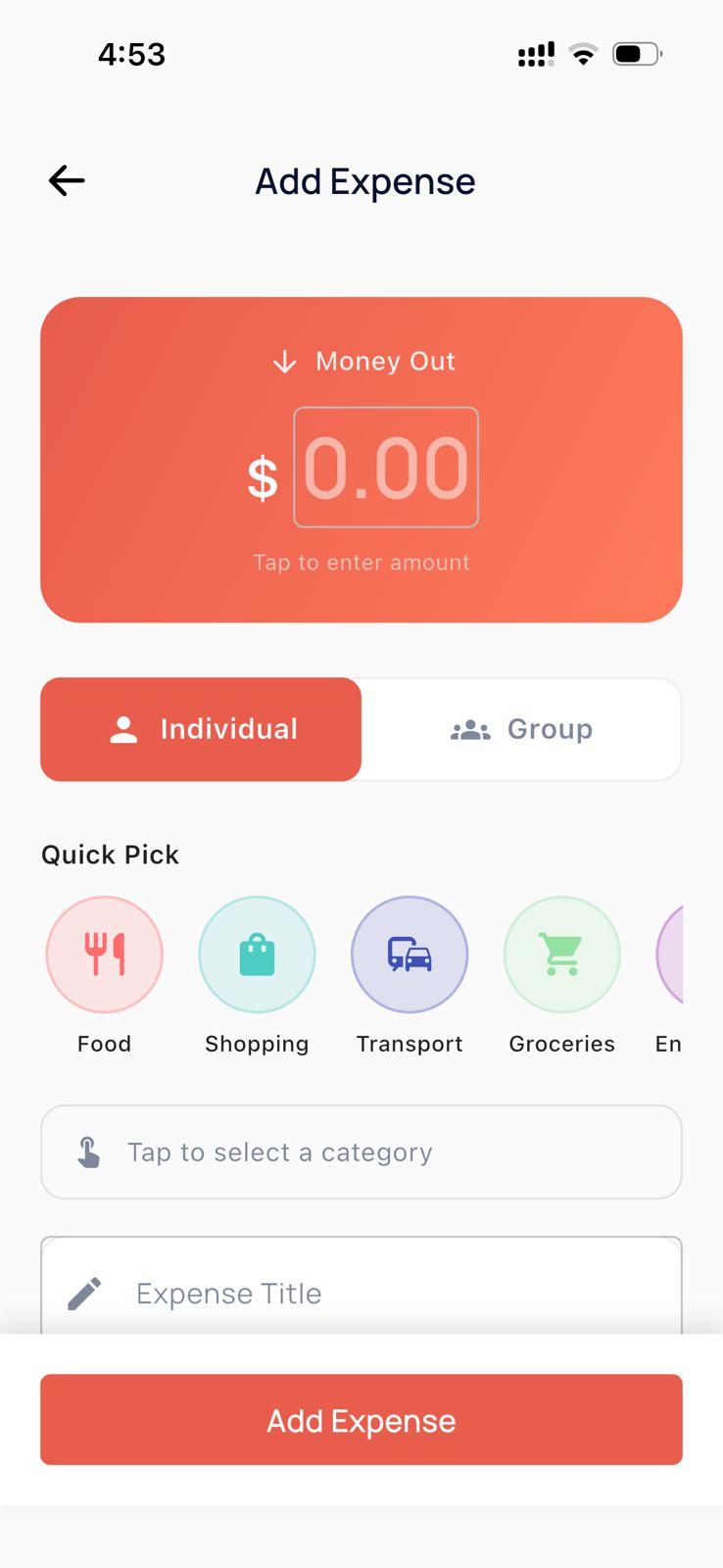Add expense screen with quick category selection