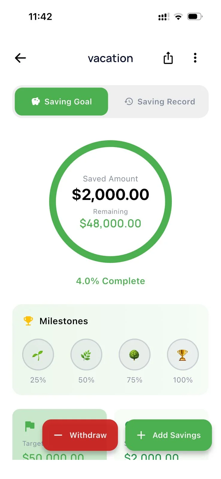 Savings goals with progress tracking